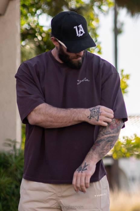 464 camisetas de gran tamaño Skyline hombres YoungLA lavado perfecto ciruela 4Z0B277 ropa